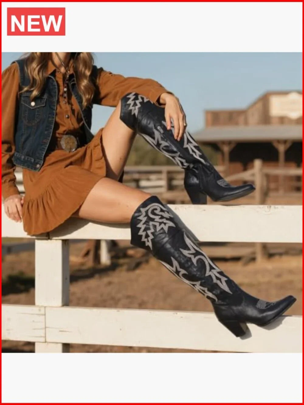 Over the Knee Boots with Chunky Heel Pointed Toe Embroidered Western Boot